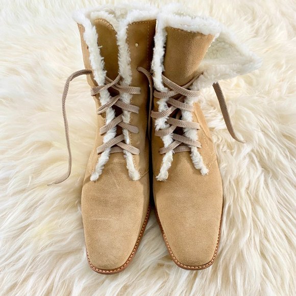 Vintage Talbots Made In Brazil Suede Fur Lined Tan Lace Up Boot Sz 7.5B - Picture 2 of 11